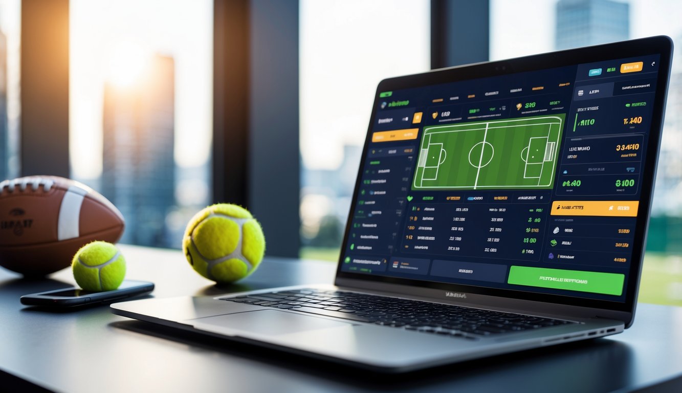 Seorang pria menggunakan laptop dan ponsel di meja kerja dengan perlengkapan olahraga di latar belakang.