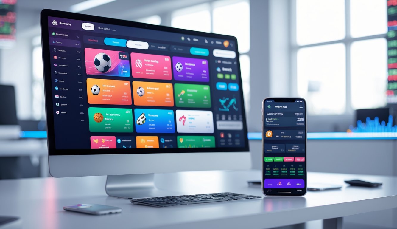 Tampilan antarmuka platform taruhan olahraga modern di komputer dan ponsel di meja kantor yang rapi.