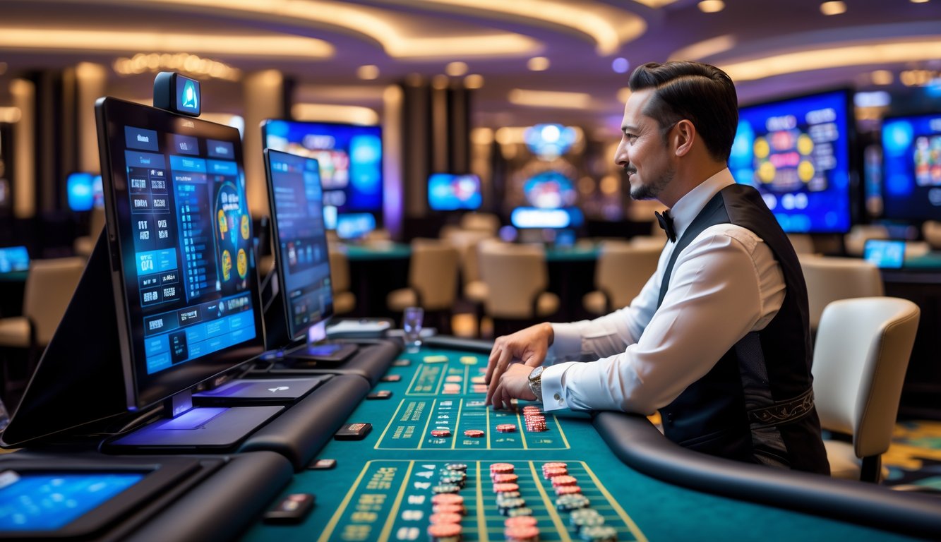 Seorang dealer profesional di meja kasino dengan layar dan peralatan teknologi untuk permainan kasino online secara real-time.