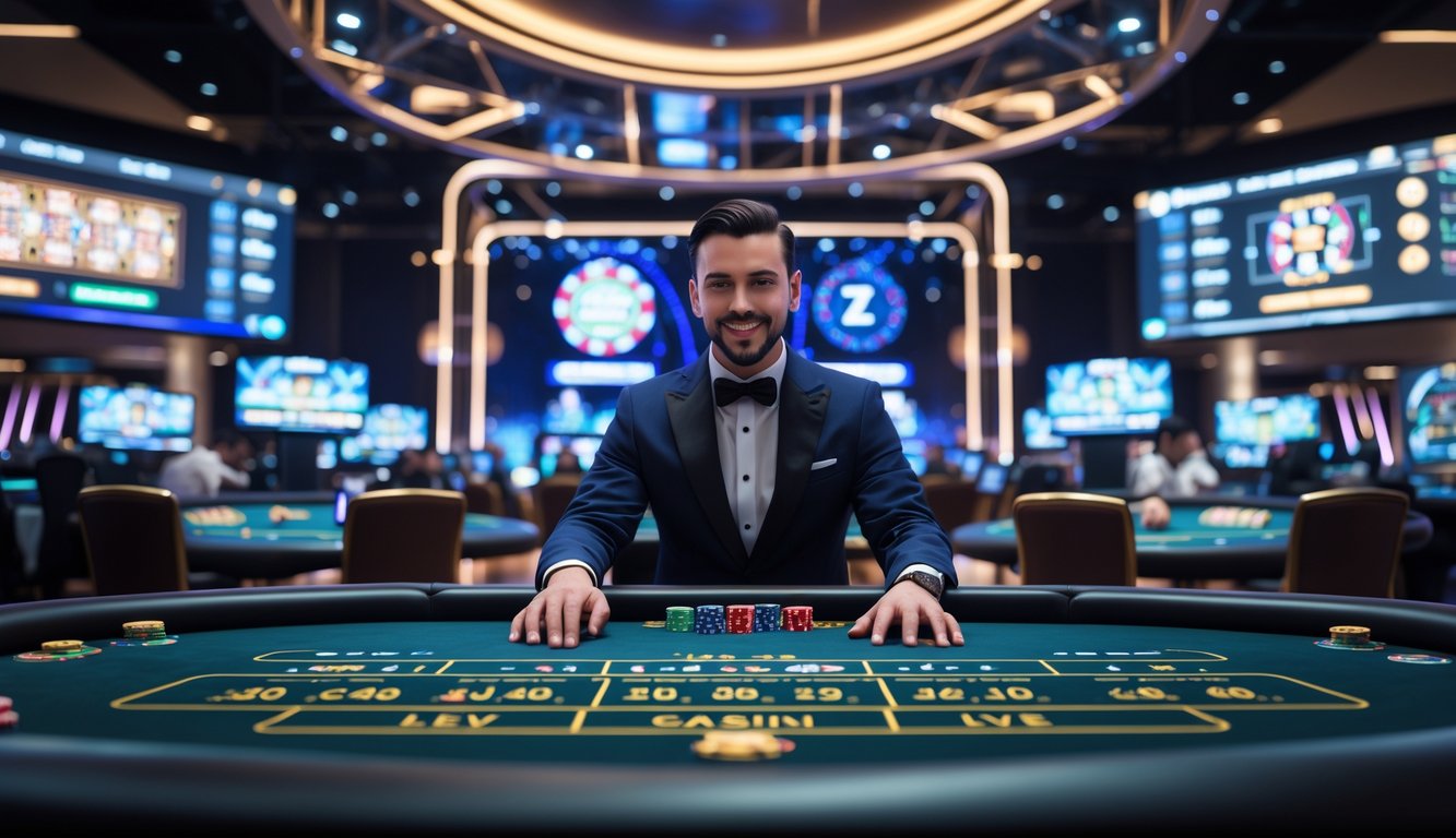 Meja kasino langsung dengan dealer profesional dan layar besar yang menampilkan permainan kasino secara real-time.