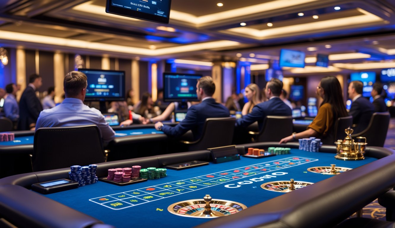 Meja kasino online dengan dealer digital dan pemain yang sedang bermain dalam suasana kasino yang mewah dan modern.