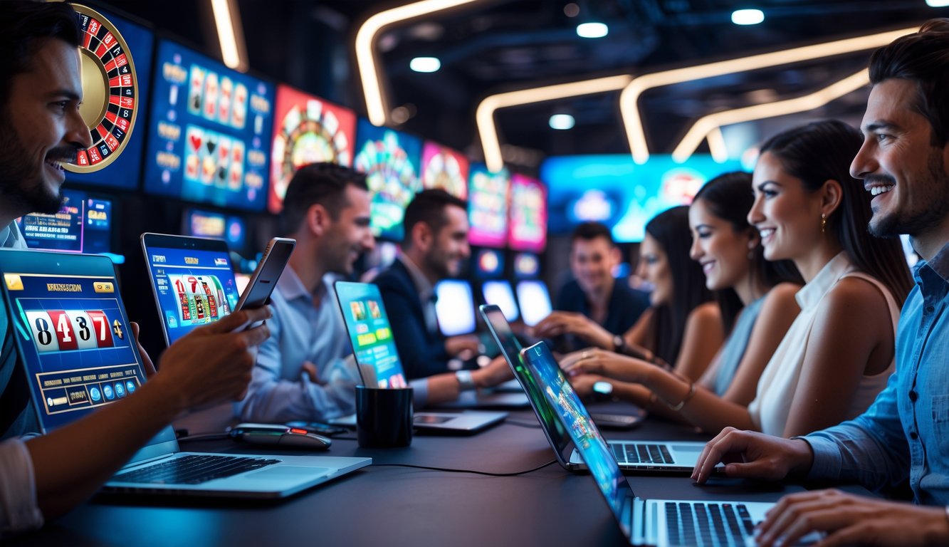 Sejumlah orang bermain permainan kasino online dengan perangkat digital di lingkungan modern dan terang.