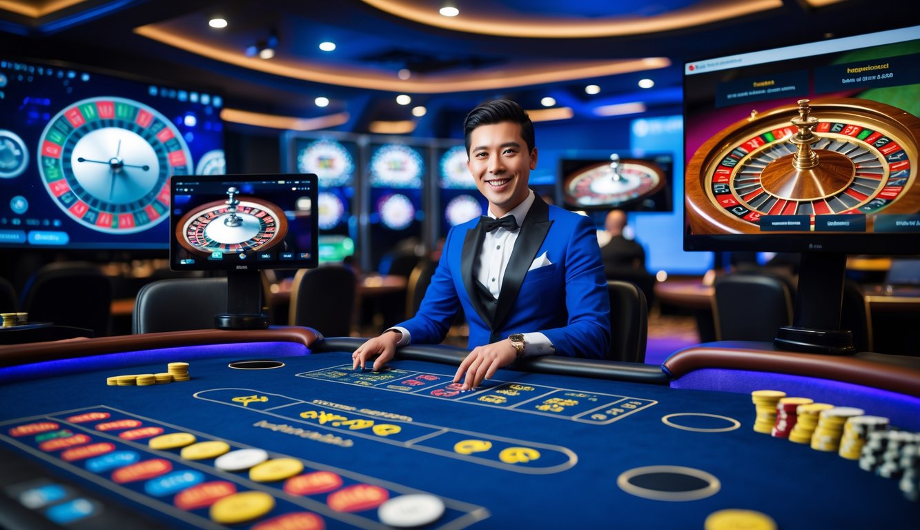 Seorang dealer profesional di studio kasino online dengan meja permainan dan layar menampilkan berbagai permainan kasino live.