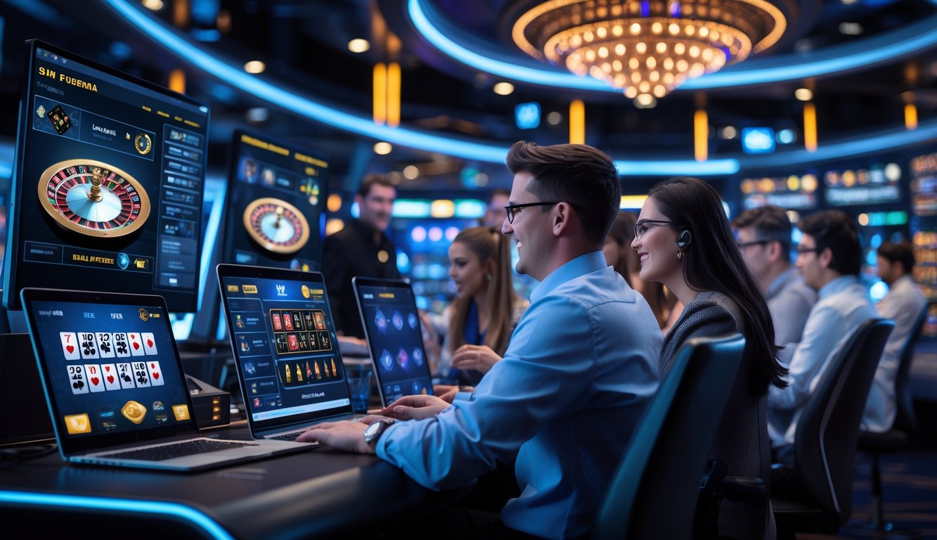 Beberapa pemain menggunakan laptop dan smartphone untuk bermain kasino online dengan latar belakang layar digital dan ruangan kontrol teknologi tinggi.