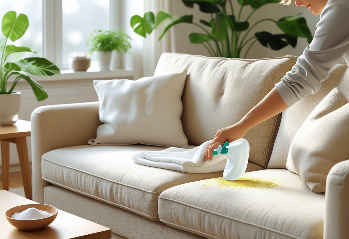 Pessoa limpando uma mancha em um sofá de tecido em uma sala de estar iluminada e aconchegante.