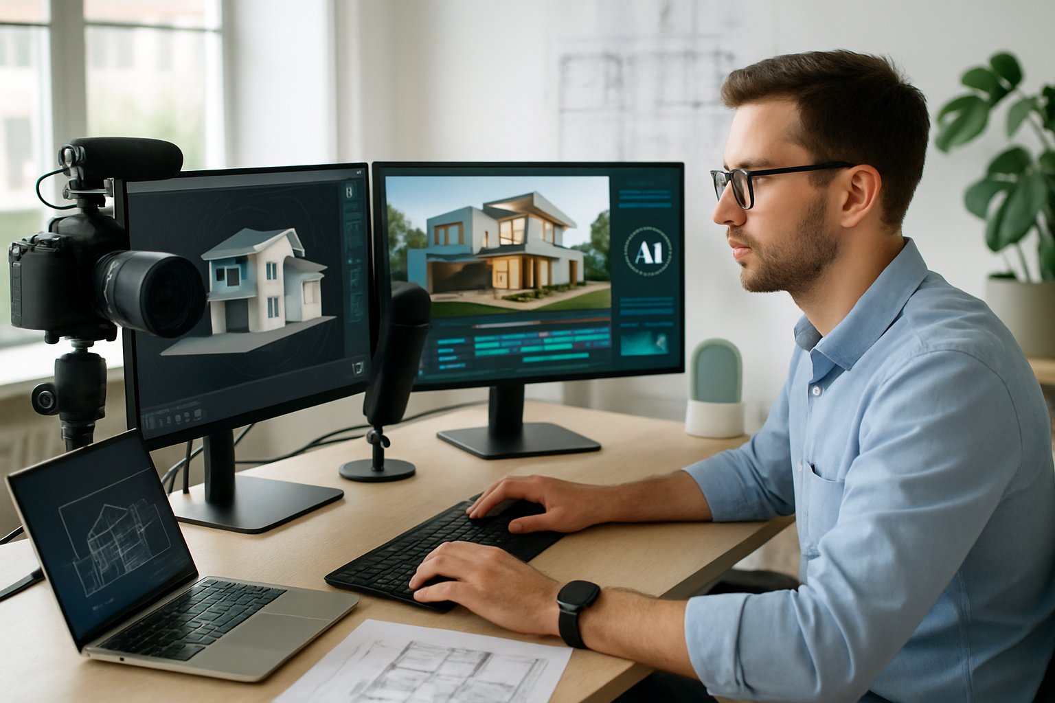 A real estate agent working at a desk with multiple screens showing 3D property models and video editing software in a bright office.