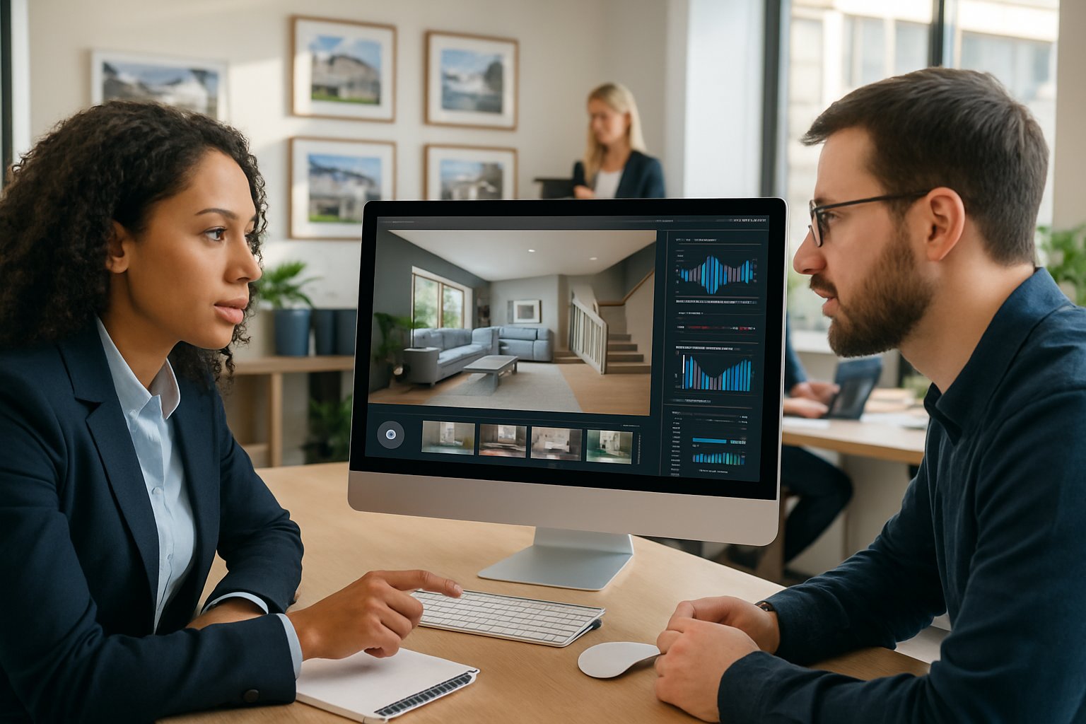 A group of professionals in a modern office working together on a computer displaying a virtual home tour and video editing software.