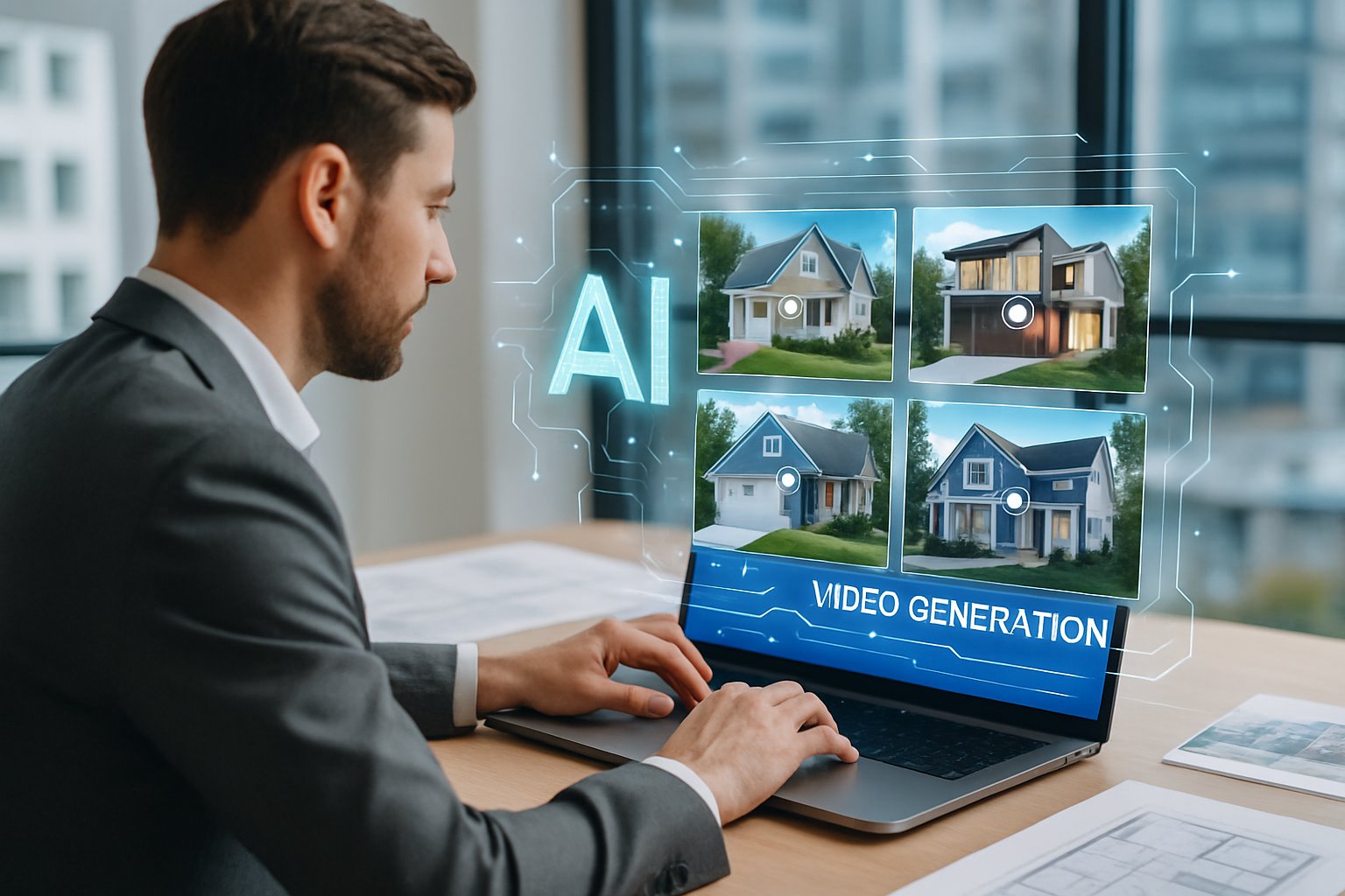 A real estate agent working on a laptop with digital video previews of homes and futuristic interface overlays in a bright office with city views.