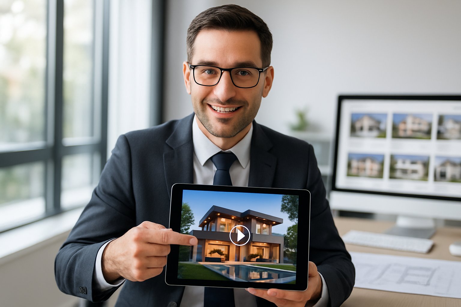 A real estate agent in an office showing a digital tablet with a video of a modern house.