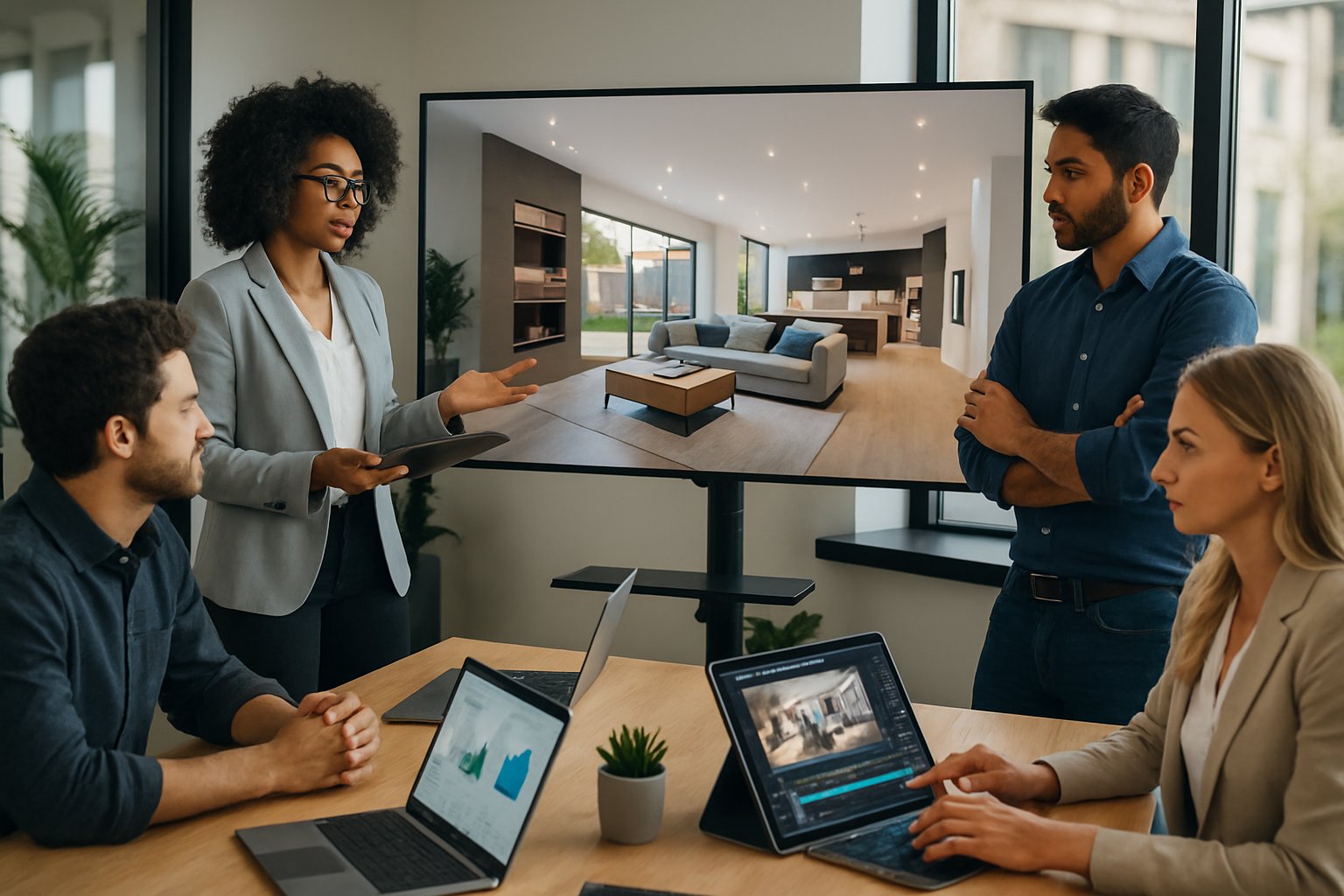 A group of real estate professionals collaborating around a digital screen showing a 3D virtual walkthrough of a modern home in a bright office.