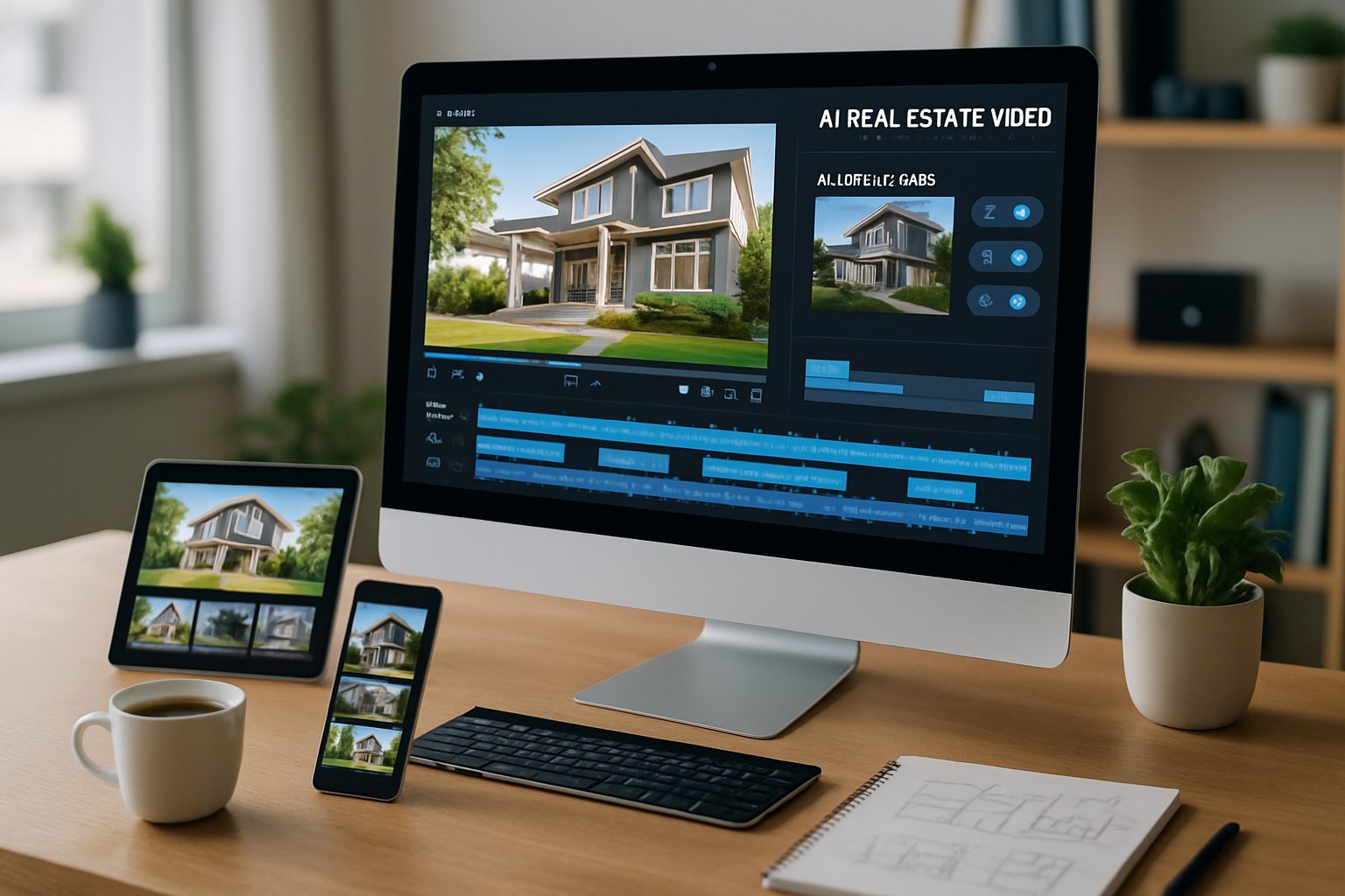 A modern workspace with a computer displaying real estate video editing software and AI enhancements, surrounded by a tablet, smartphone, and office items.