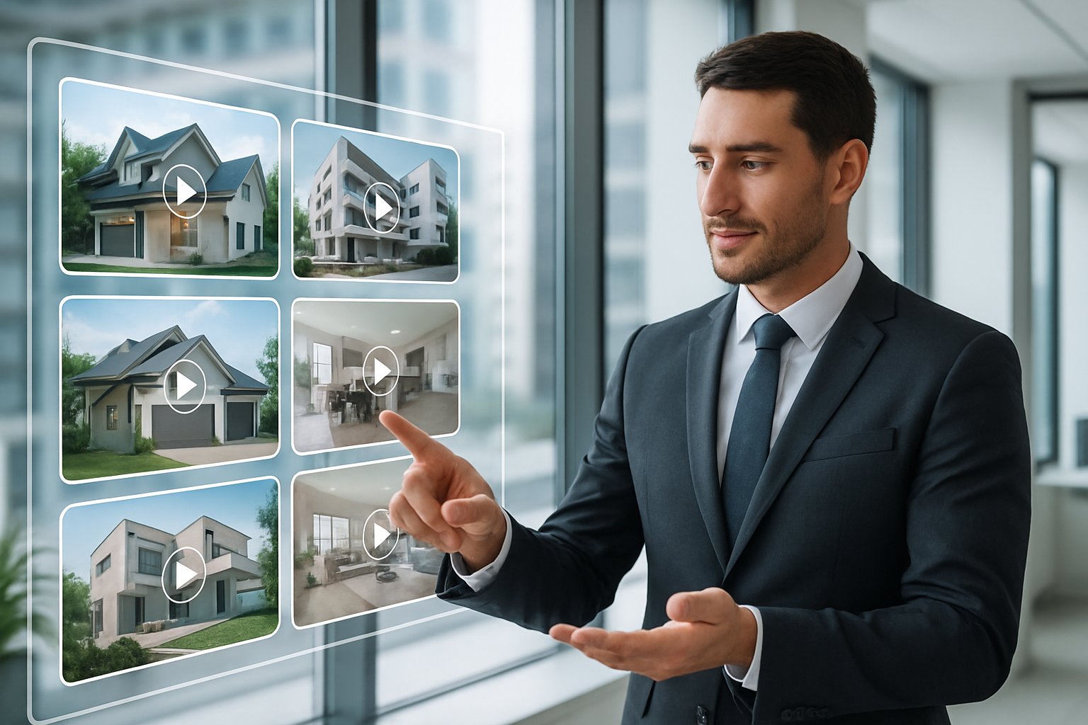 A real estate agent interacting with a transparent digital display showing video previews of houses in a modern office.