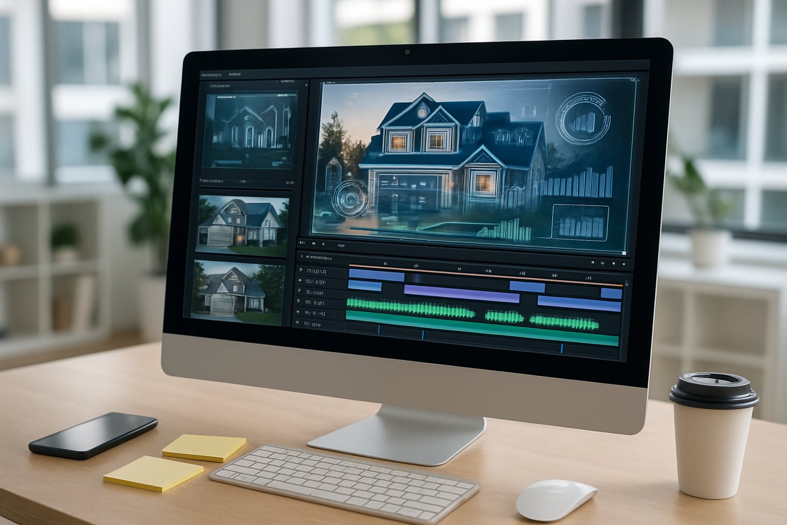 A modern workspace with a desktop computer showing video editing software and real estate footage, surrounded by notes and a smartphone in a bright office.