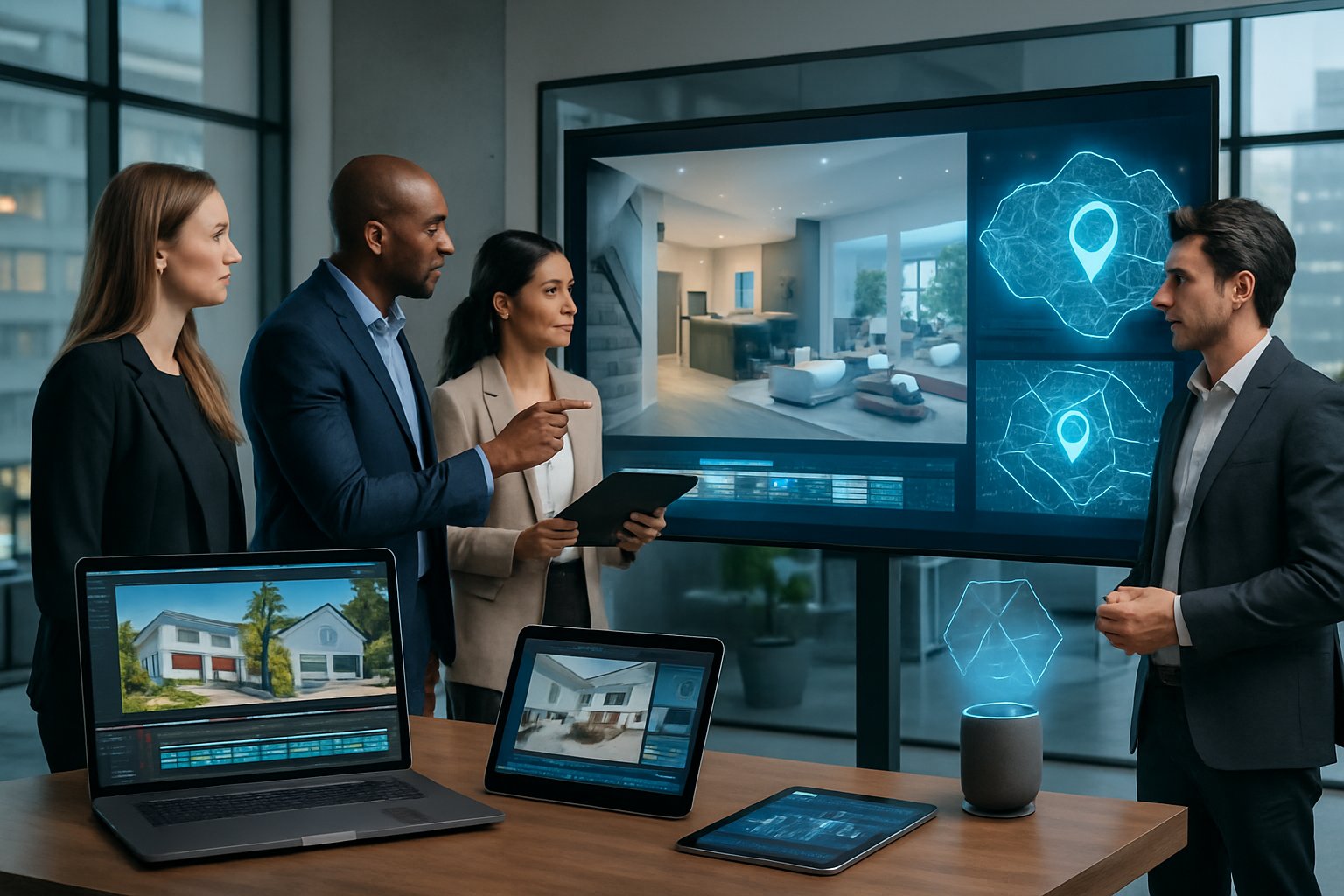 Real estate professionals collaborating in a modern office with digital screens showing AI-generated property videos and interactive maps.