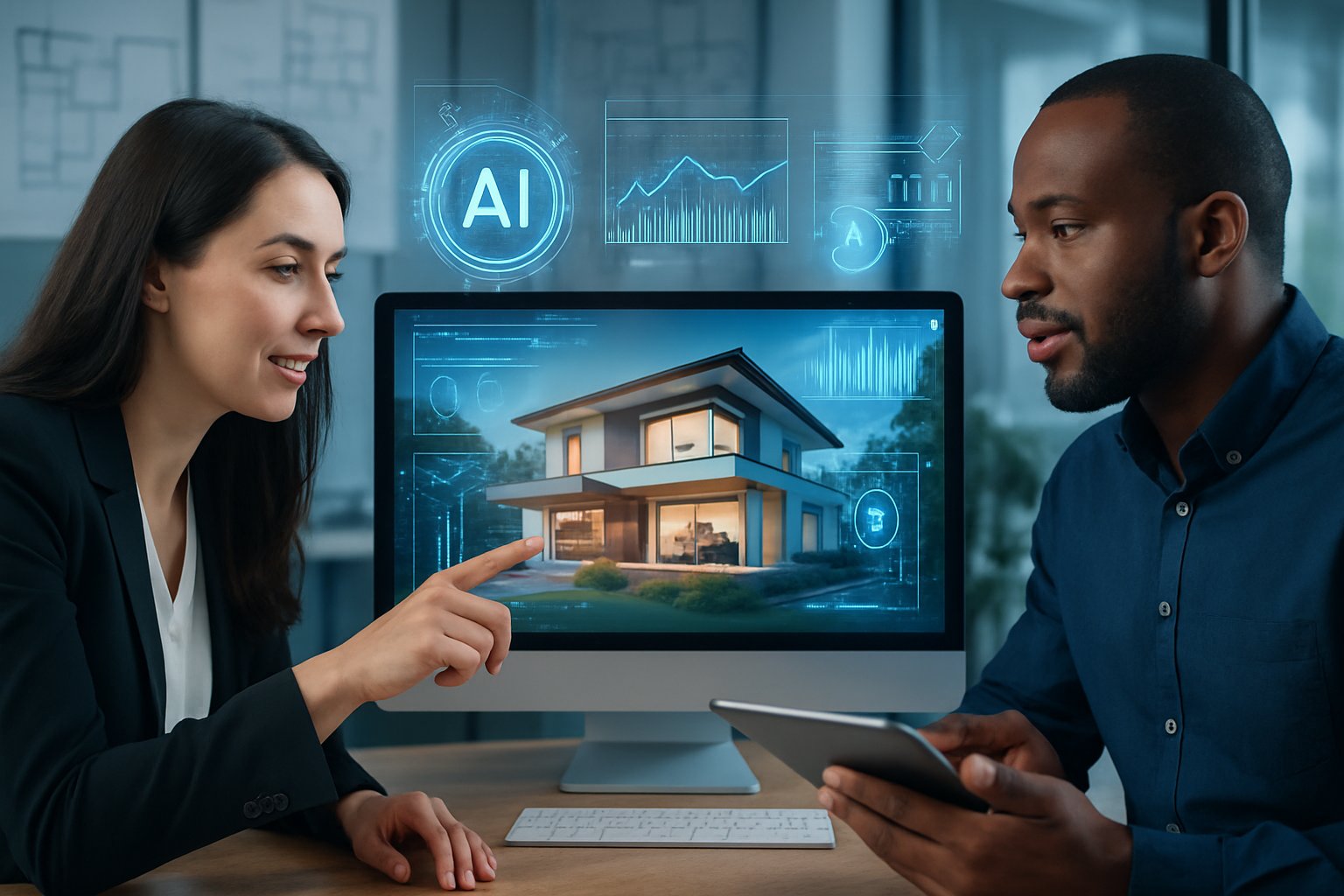 A group of professionals discussing a 3D digital rendering of a house on a computer screen in a modern office setting.
