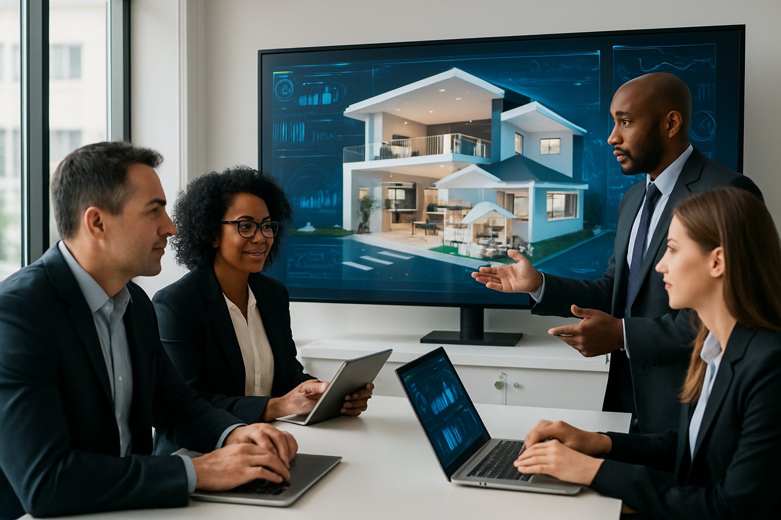 A group of real estate professionals discussing AI-generated property videos in a modern office with digital screens and devices.
