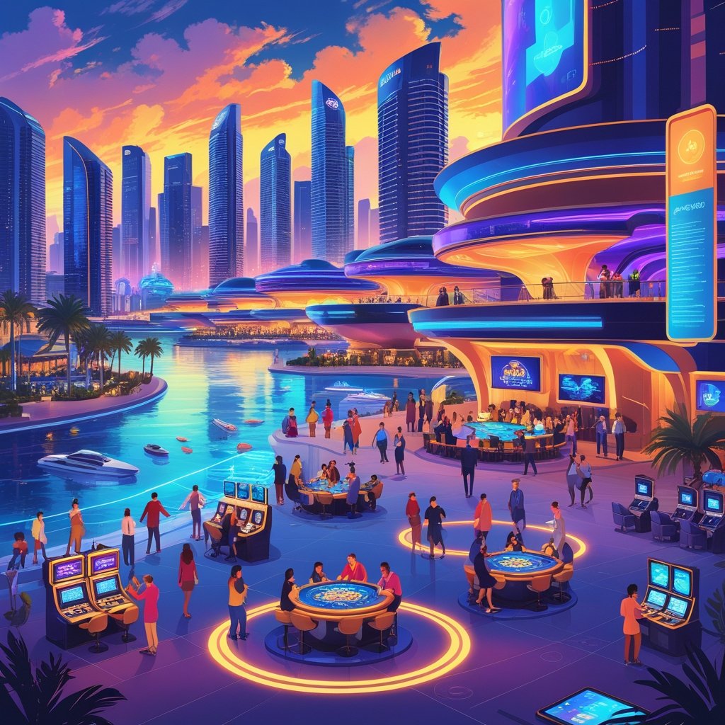 A lively casino resort by the waterfront with tourists enjoying games, dining, and entertainment amid futuristic technology and a glowing sunset.