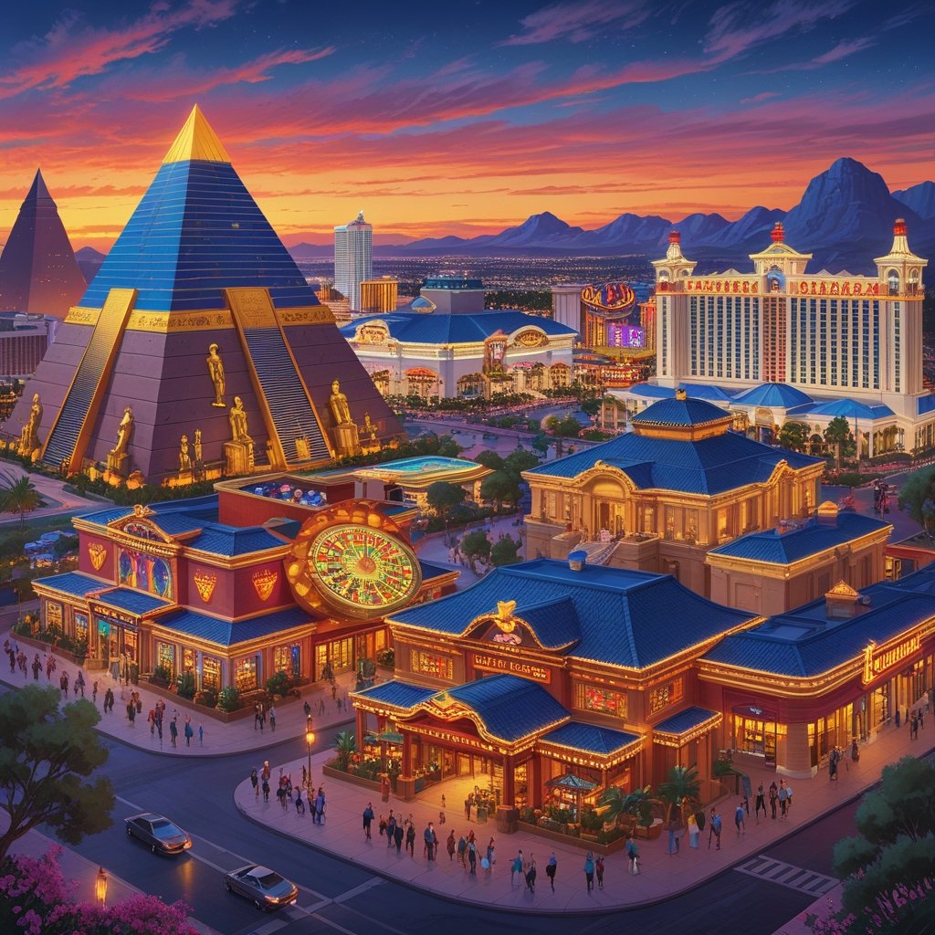 A cityscape showing several casinos designed with different cultural themes, including Egyptian pyramids, a Japanese temple, Las Vegas neon lights, and Mediterranean architecture, all illuminated at twilight with people nearby.
