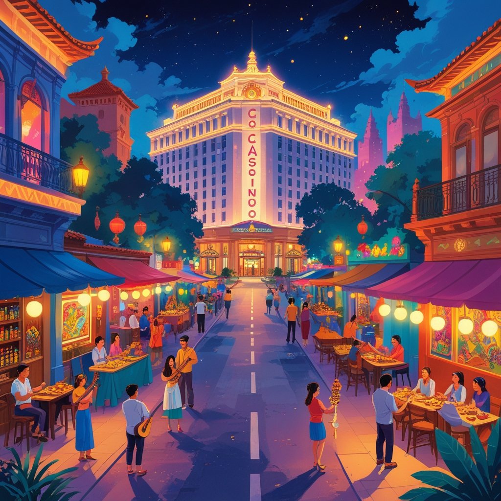 A lively city street showing a large casino building surrounded by people enjoying music, art, food, and community activities that reflect local culture.