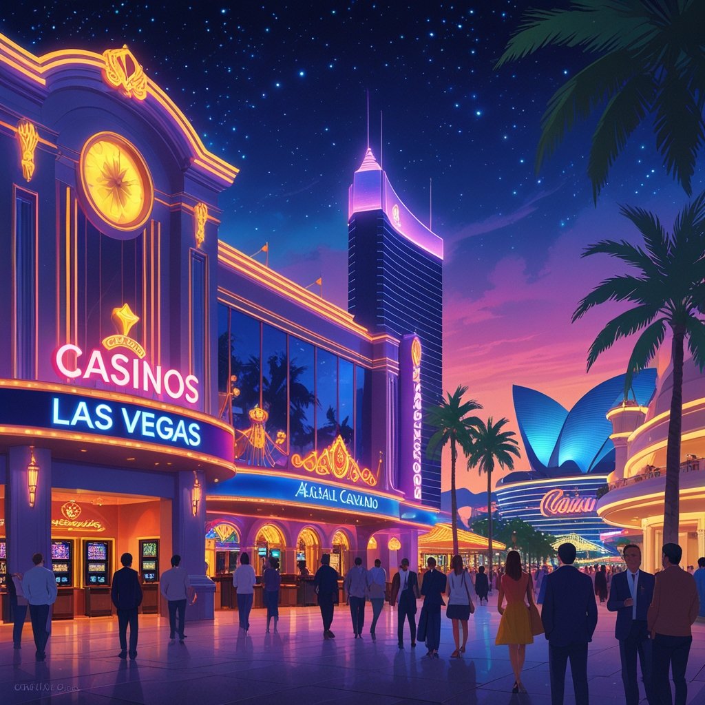 A vibrant scene showing famous casinos from popular travel destinations with tourists enjoying the lively atmosphere at dusk.