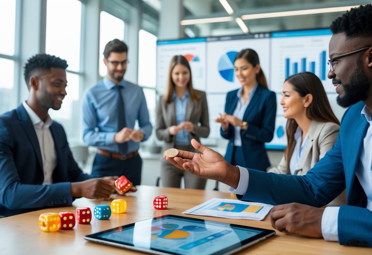 A group of people in an office setting rolling dice, flipping a coin, and looking at probability charts on a tablet.
