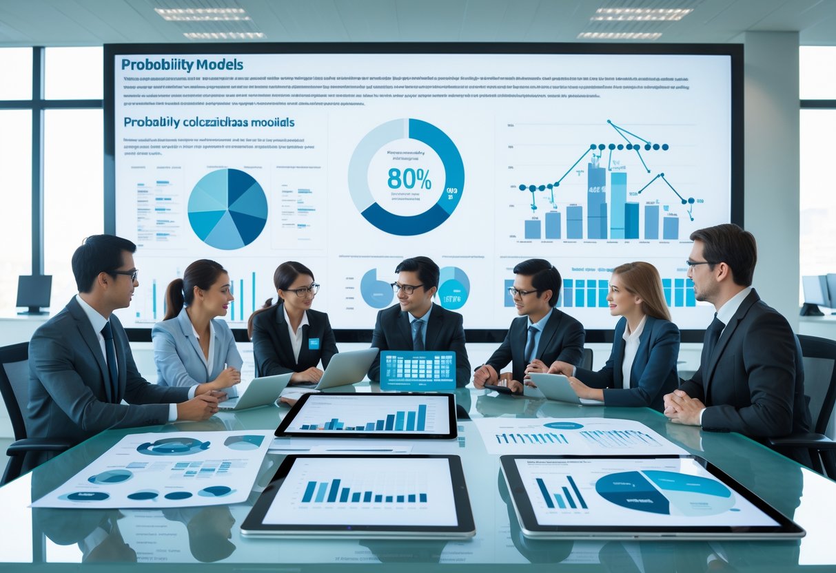 A group of professionals discussing charts and data in a modern office, with digital screens displaying probability models in the background.