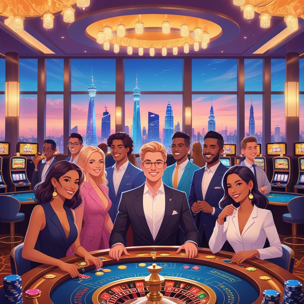 A diverse group of travelers enjoying casino games inside a luxurious casino with a foreign city skyline visible through large windows.