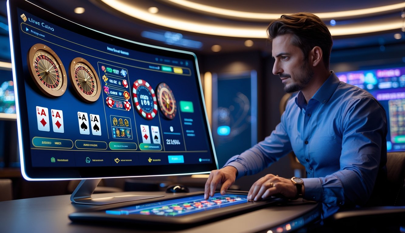 Seorang pria dewasa yang fokus menggunakan platform kasino online dengan layar komputer besar menampilkan permainan kasino seperti roulette dan poker di ruangan modern yang nyaman.