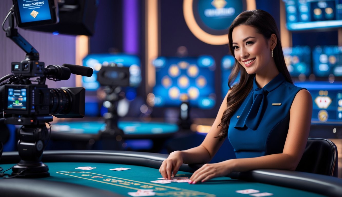 Seorang dealer profesional di meja kasino yang modern dengan peralatan streaming di latar belakang.