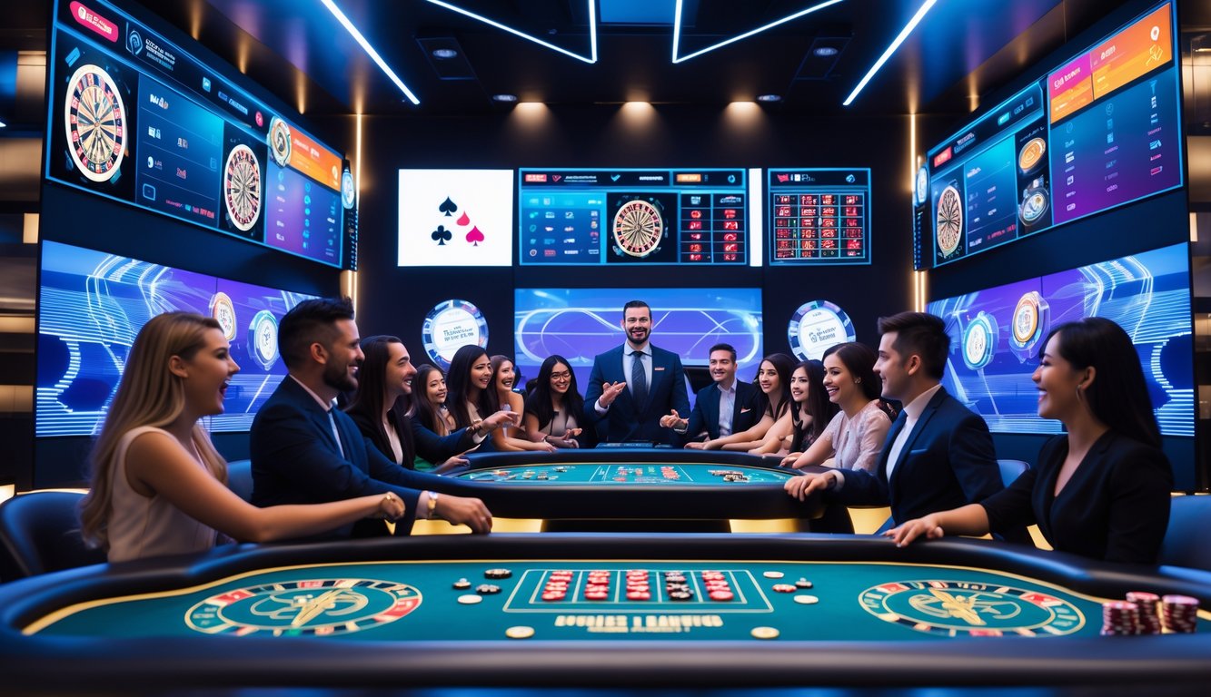 Sejumlah pemain bersemangat berinteraksi dengan dealer langsung dalam permainan kasino online dengan layar beresolusi tinggi dan pencahayaan modern.