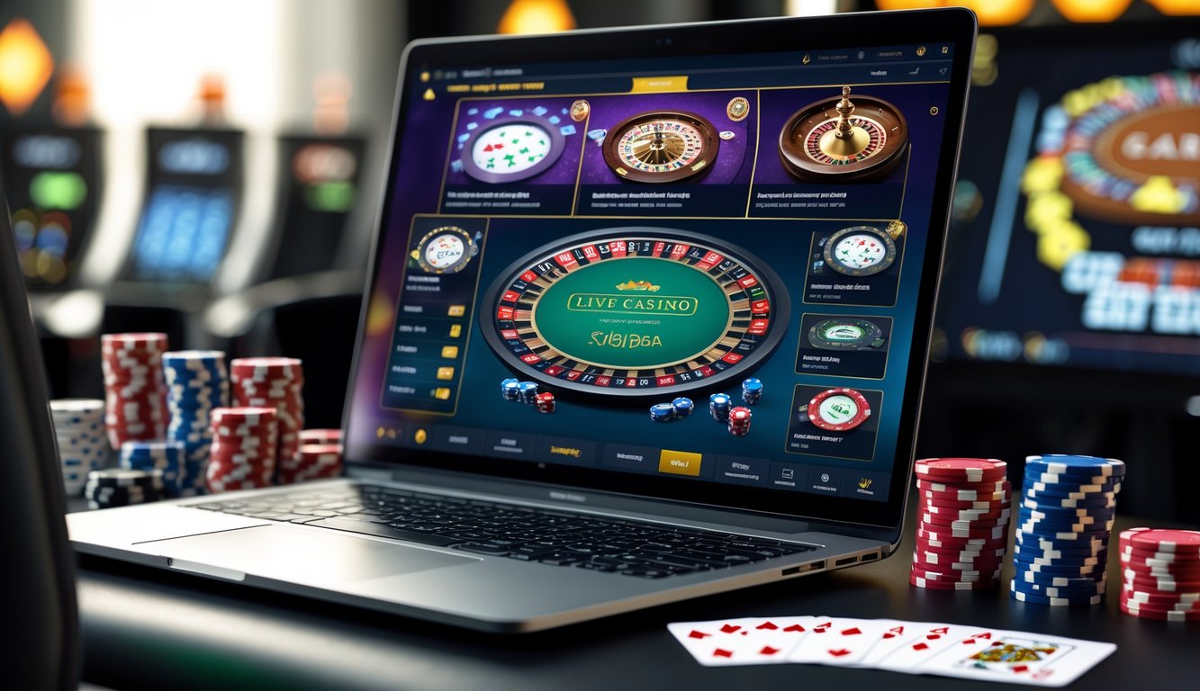 Seseorang menggunakan komputer dengan tampilan permainan kasino langsung yang menampilkan beberapa meja permainan berbeda.