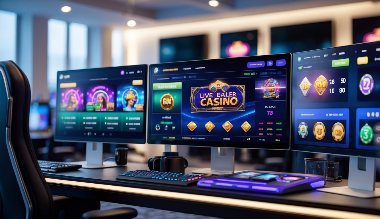 Ruang permainan kasino online dengan beberapa layar komputer menampilkan permainan kasino langsung dan mesin slot berwarna-warni.