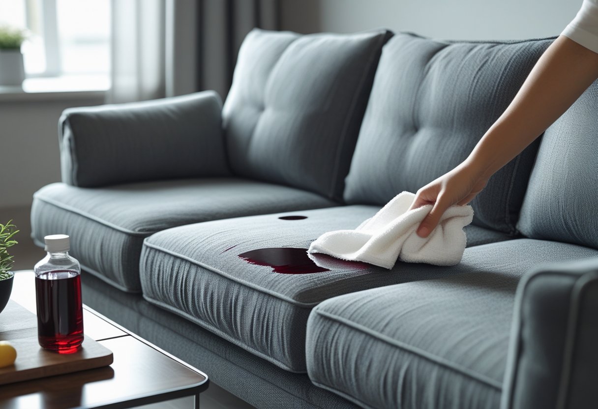 Sofá com mancha de vinho tinto sendo limpa com um pano branco por uma mão, com uma garrafa de produto de limpeza ao lado em uma sala de estar.