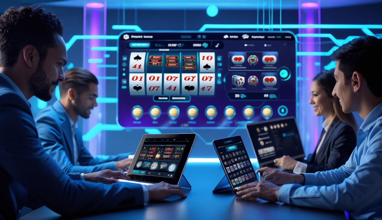 Beberapa orang bermain permainan kasino online secara real-time menggunakan perangkat digital di ruangan modern dengan pencahayaan biru dan ungu.