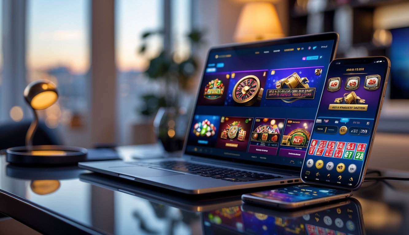 Seseorang menggunakan laptop dan ponsel untuk bermain game kasino langsung di sebuah meja dengan pencahayaan hangat.