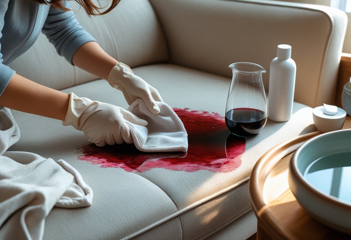 Pessoa limpando uma mancha antiga de vinho em um sofá claro em uma sala de estar iluminada.