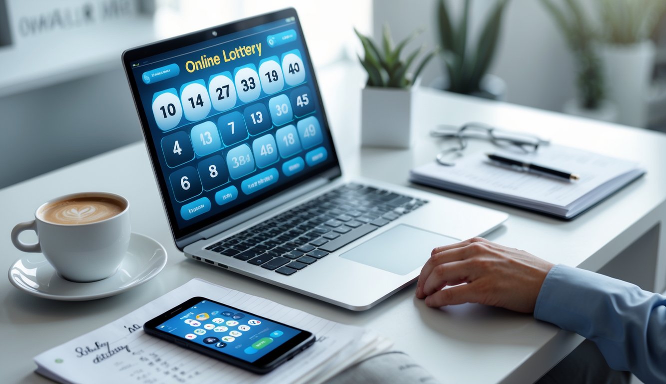 Meja kerja modern dengan laptop yang menampilkan antarmuka permainan togel online dan beberapa alat tulis di sekitarnya.