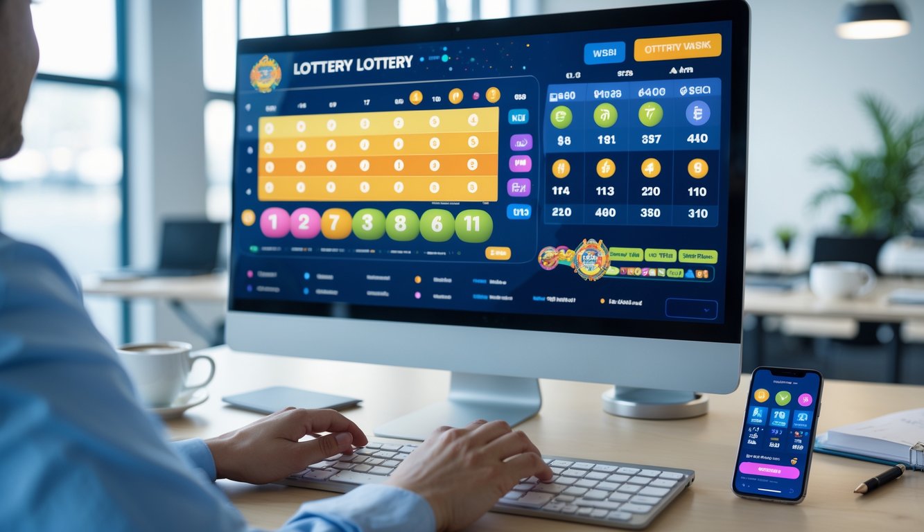 Meja kerja modern dengan komputer dan ponsel yang menampilkan aplikasi togel online, tangan seseorang sedang mengetik di keyboard.