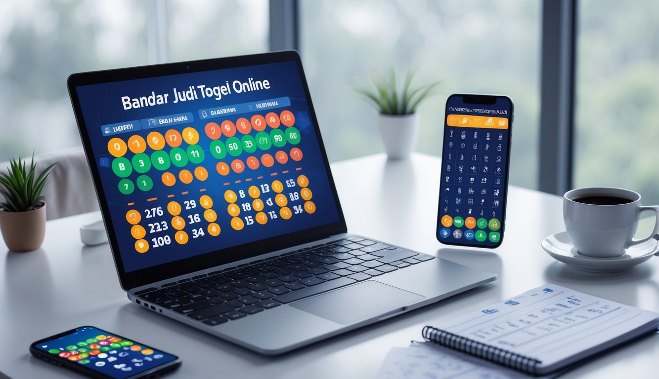 Meja kerja dengan laptop dan ponsel yang menampilkan kombinasi angka togel, notepad dengan catatan angka, dan secangkir kopi.