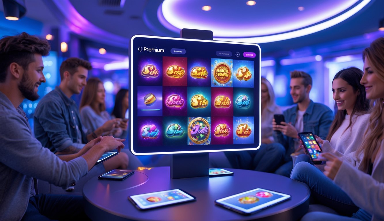 Orang-orang muda sedang bermain permainan slot online dengan perangkat digital di ruang santai modern.