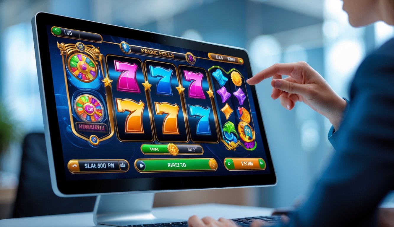 Seseorang sedang menggunakan komputer dengan tampilan permainan slot online yang menampilkan gulungan berputar yang stabil dan warna-warna cerah.