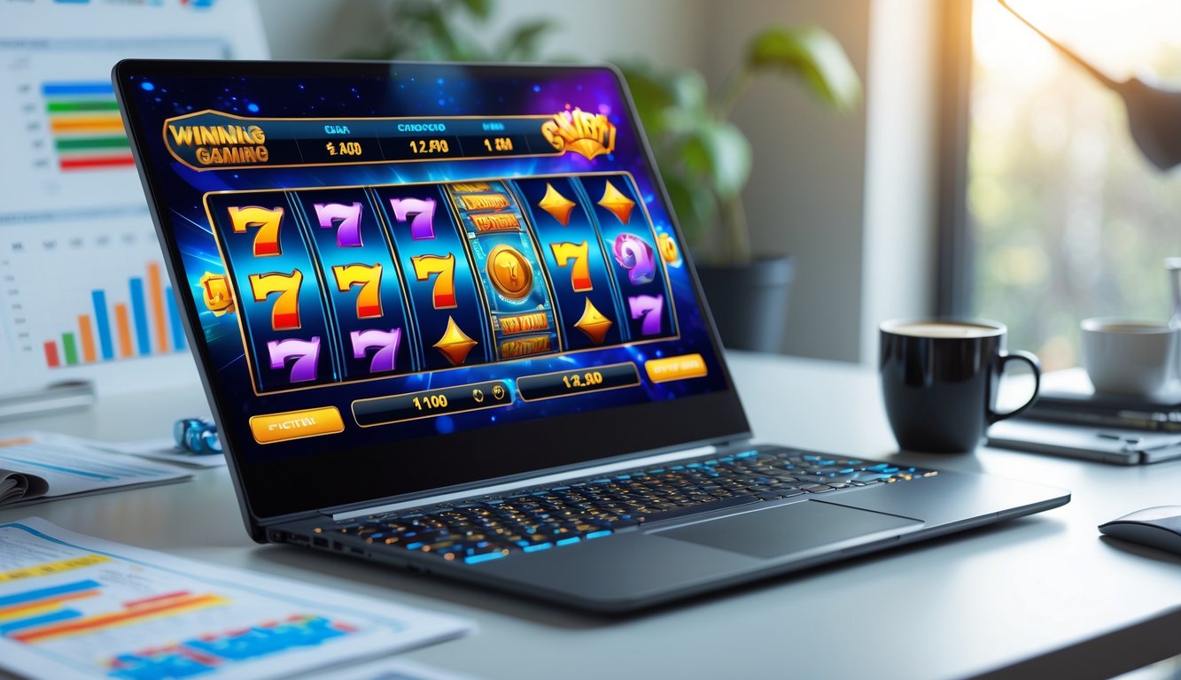 Seseorang sedang bermain slot online di komputer dengan layar menampilkan mesin slot berwarna-warni dan simbol kemenangan.