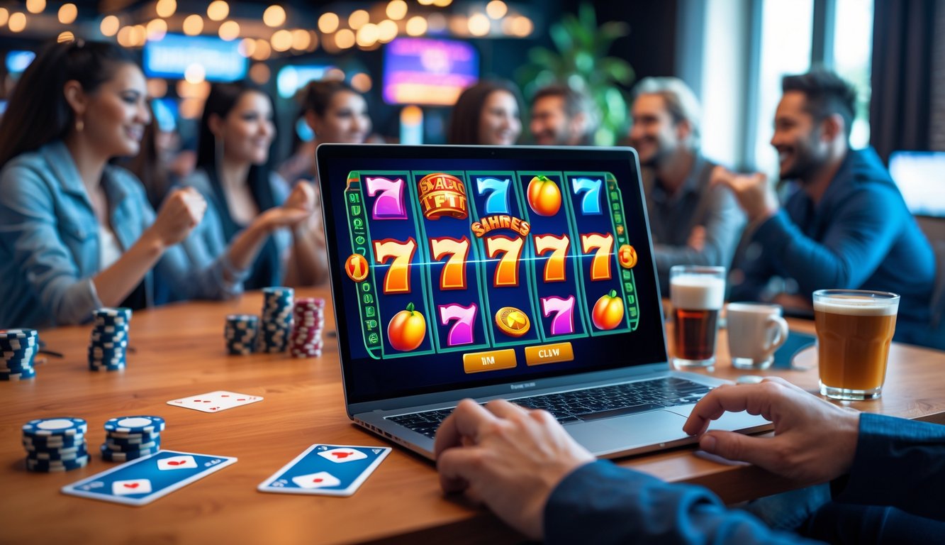 Sebuah komputer dengan layar menampilkan permainan slot online yang berwarna-warni, di ruangan yang nyaman dengan dekorasi kasino dan beberapa orang menikmati permainan.