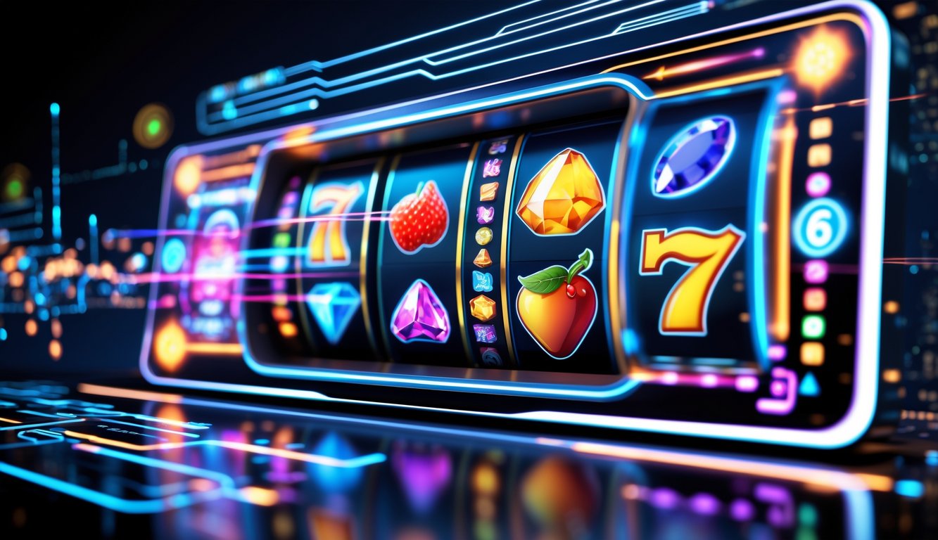 Tampilan mesin slot online modern dengan grafik berwarna cerah dan efek teknologi futuristik di layar digital.
