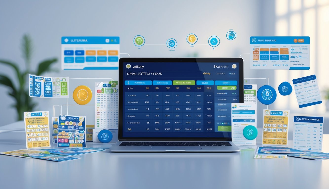 Sebuah perangkat digital menampilkan hasil togel online secara real-time dengan grafik dan angka yang diperbarui, dikelilingi oleh elemen-elemen pasar togel yang lengkap.