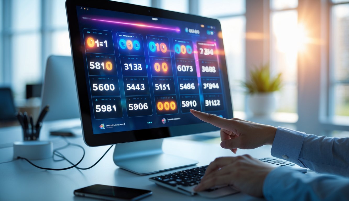 Tampilan layar komputer dengan kombinasi angka yang berwarna cerah, di meja kantor dengan tangan seseorang sedang menggunakan keyboard.