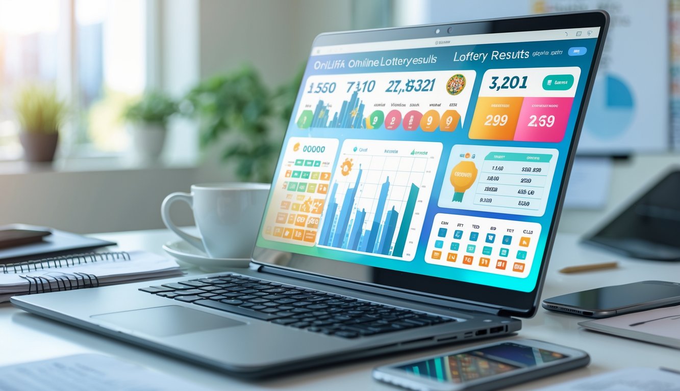 Meja kerja dengan laptop yang menampilkan data hasil togel online, smartphone, catatan, dan secangkir kopi di ruangan kantor yang terang.