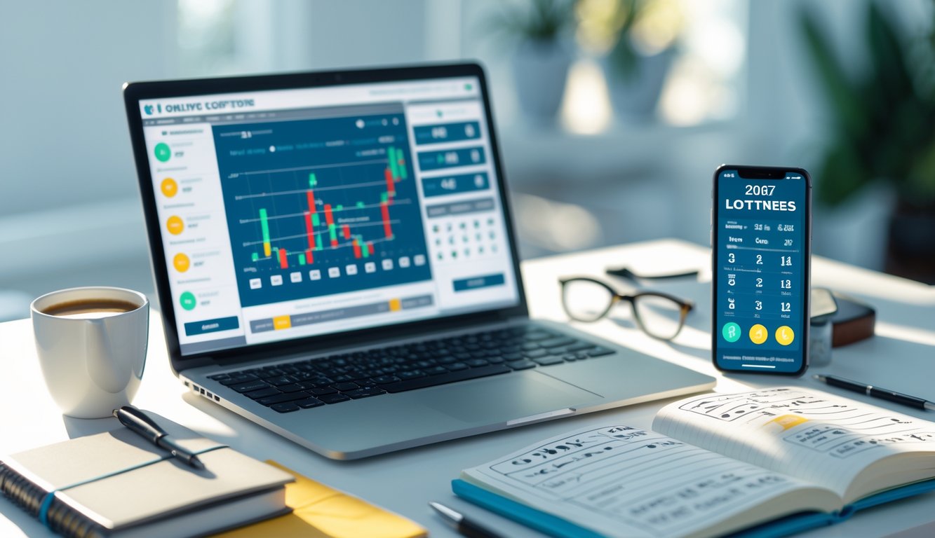 Meja kerja dengan laptop, buku catatan, dan ponsel yang menampilkan grafik dan angka terkait strategi togel online.
