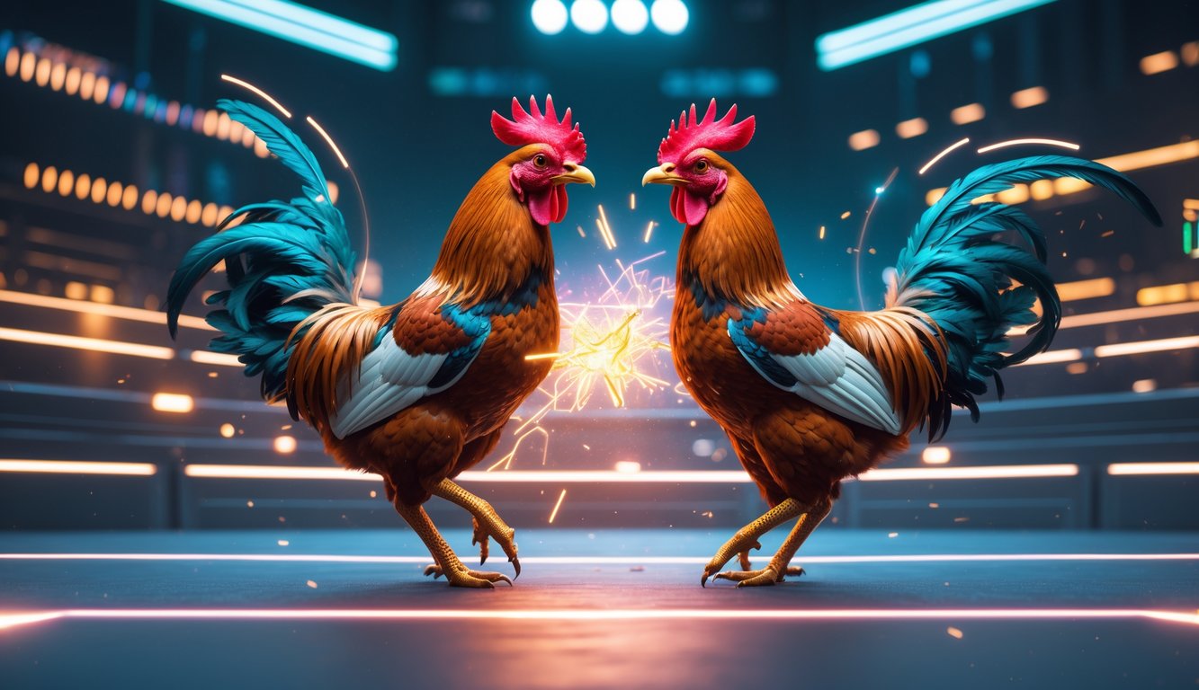 Dua ayam jago sedang bertarung di udara dengan latar belakang arena digital berteknologi tinggi.