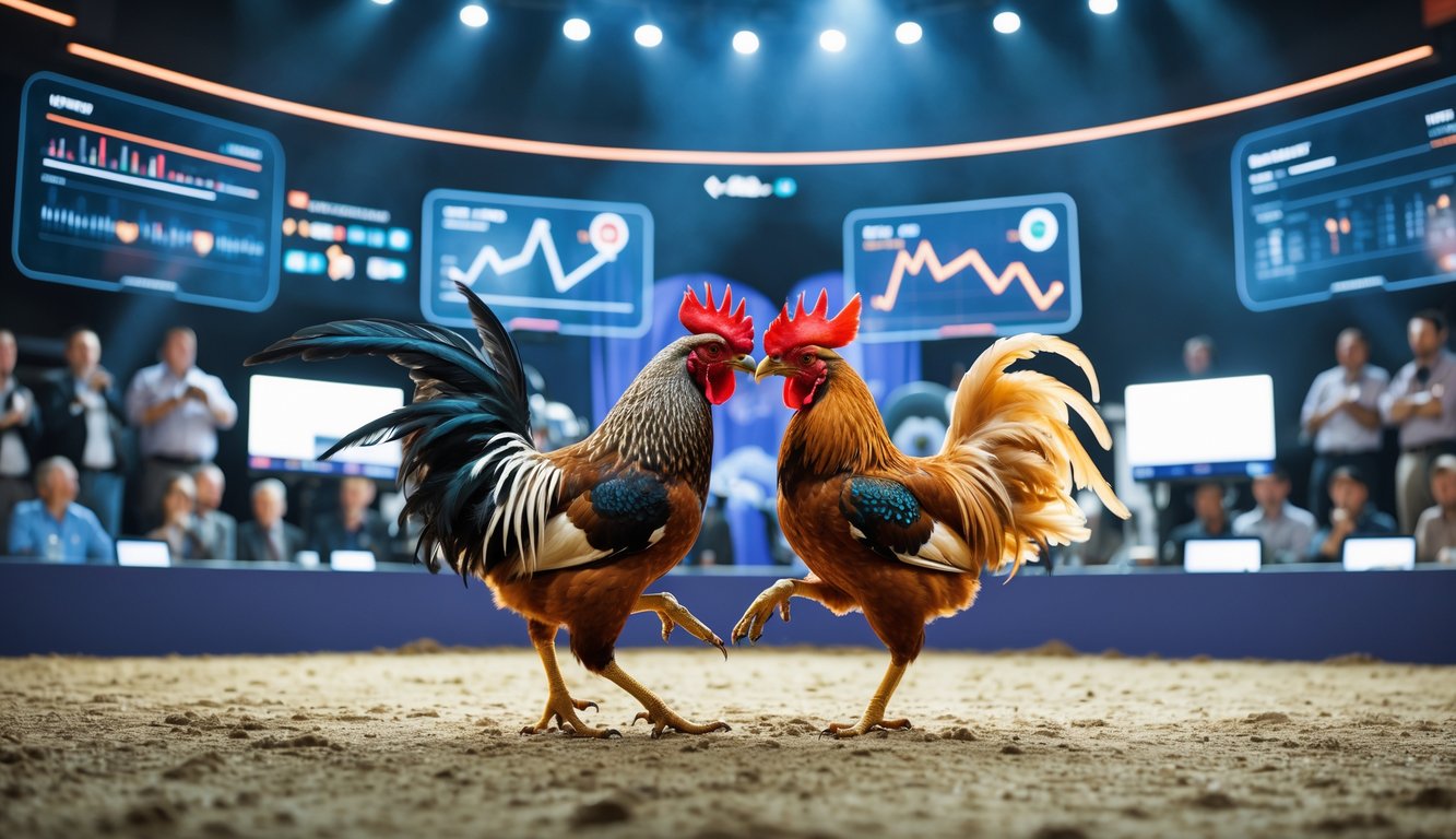 Dua ayam jantan sedang bertarung di arena dengan layar digital menampilkan data dan statistik waktu nyata, dikelilingi oleh penonton yang mengamati melalui perangkat elektronik.